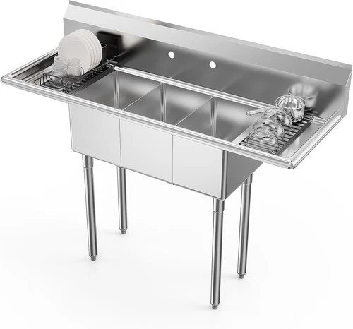 Commercial Sink, Stainless Steel Sink with 3 Compartment and 2 Sides Drain Rack