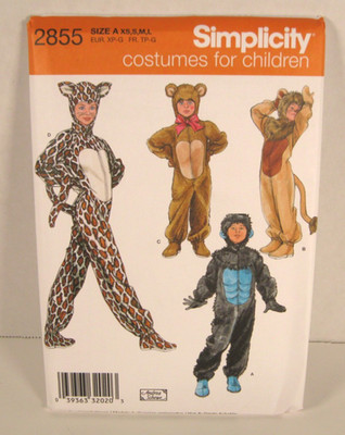 Simplicity Costumes 2855 Lion, Bear, Cat Pattern Unisex Child XS-L 3-16 Uncut