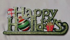 Happy Holidays Wooden Christmas Table Stand Mantle Decor Sign Green Glittery
