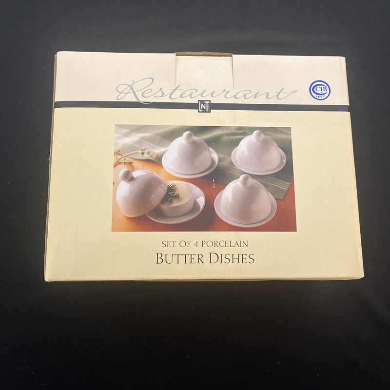 Vintage Linen N Things White Porcelain Dome Cover Single Serve Butter Dish Set 4