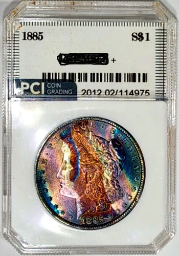 1885-P  Morgan Dollar GEM BU + Eye Appealing Monster Rainbow Toned Obverse