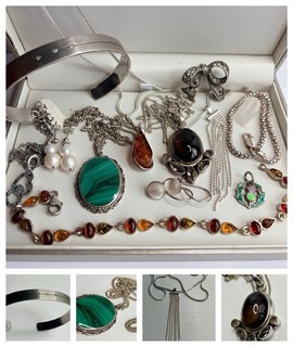 Job Lot Vintage 925 Silver Jewellery Inc.Bangle With Diamonds Malachite Pendant