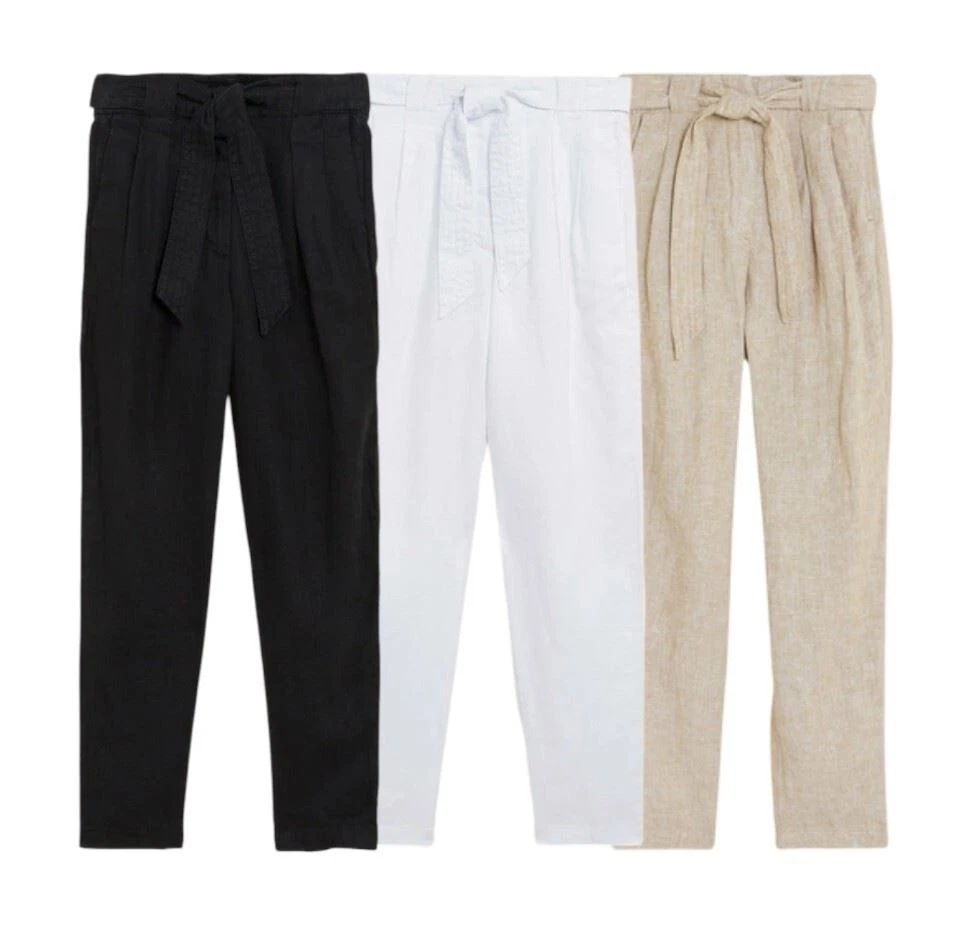 M&S Linen Tapered Trousers Belted Pocket Summer Holiday Ladies Pants Summer