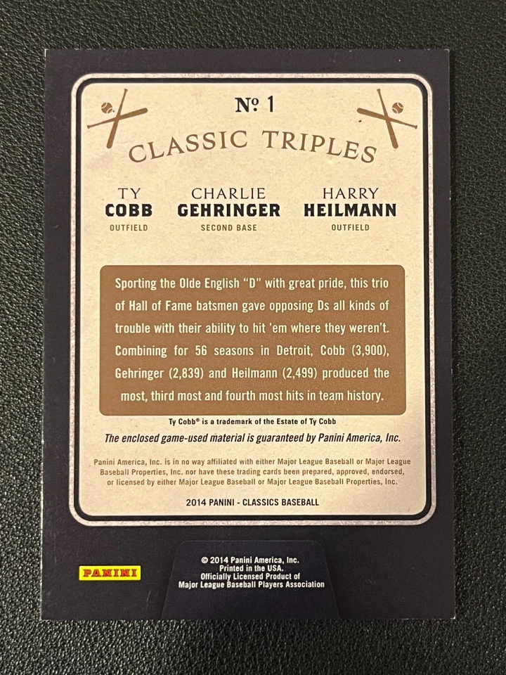 Ty Cobb Gehringer Heilmann 2014 Classics Triple Relic Game Used 4/5 1 - Image 2 of 2