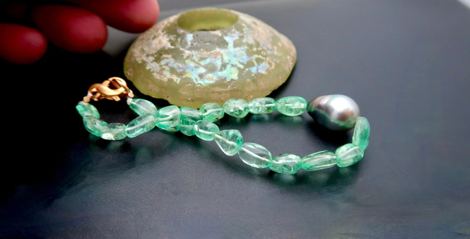 AAAA+ PULSERA PERSONALIZADA ESMERALDA COLOMBIANA Y PERLA DE TAHITÍ - PLACA 24K MUY FINA Foto 2 de 4