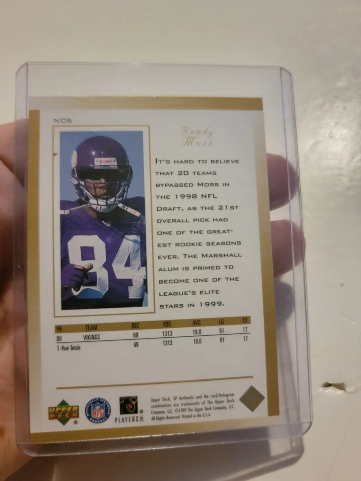 1999 Sp Authentic Randy Moss The New Classics Minnesota Vikings NFL Football - Image 2 of 2
