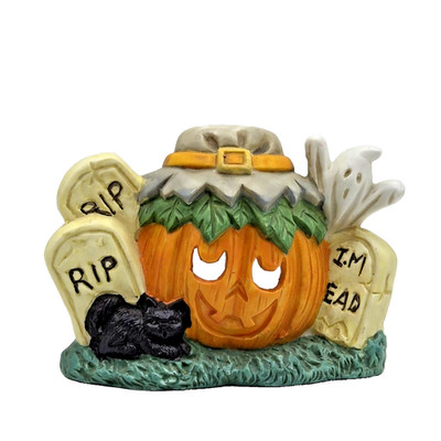 Vintage Ceramic Halloween Tealight Holder Pumpkin Ghost Cat Tombstones 3''