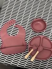 5 piece dinnerware set feeding kids silicone bowl/plate/spoon/bib/fork child