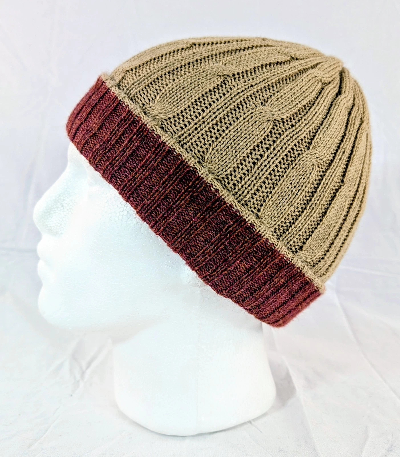Extra Soft Baby Alpaca Reversible Cable Knit Beanie Beige Red Handmade Unisex