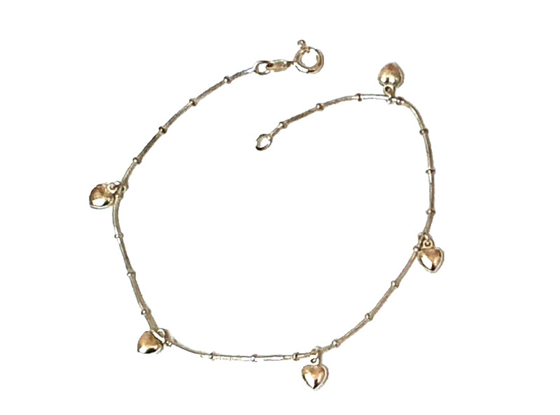 Sterling Silver 925 Hearts Chain Ankle Bracelet 10'' Long