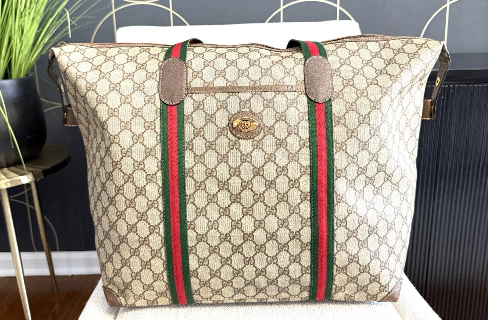 GUCCI Authentic Web Sherry Line Boston Bag Travel Bag XL tote Monogram Brown