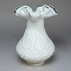 Fenton Silver Crest Milk Glass Spanish Lace Design Vase Scalloped/Fluted Rim 8in