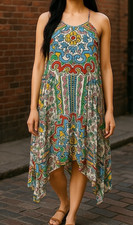 Anthropologie Boho Halter Dress M/L Multicolor Handkerchief Hem Festival Cottage