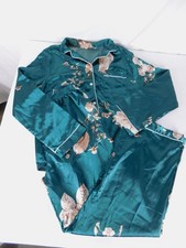 Pajama Set Womens S Green Satin Floral Bird Print Button Front Long Sleeve
