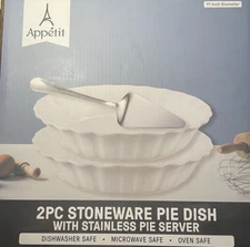 Appetit 2 Pc Stoneware Pie Dish 11" Set of Two w/ Stainless Pie Server, White