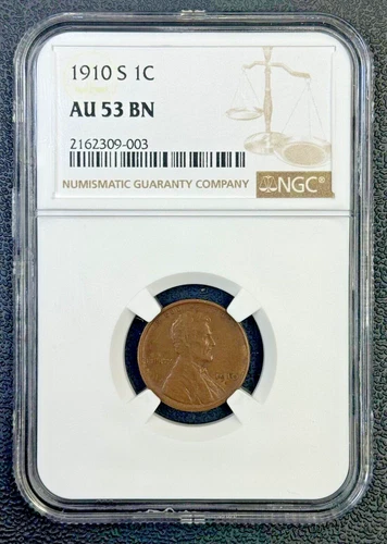 1910 S Wheat Cent in NGC AU 53 Brown, Key Date, Low Mintage Coin