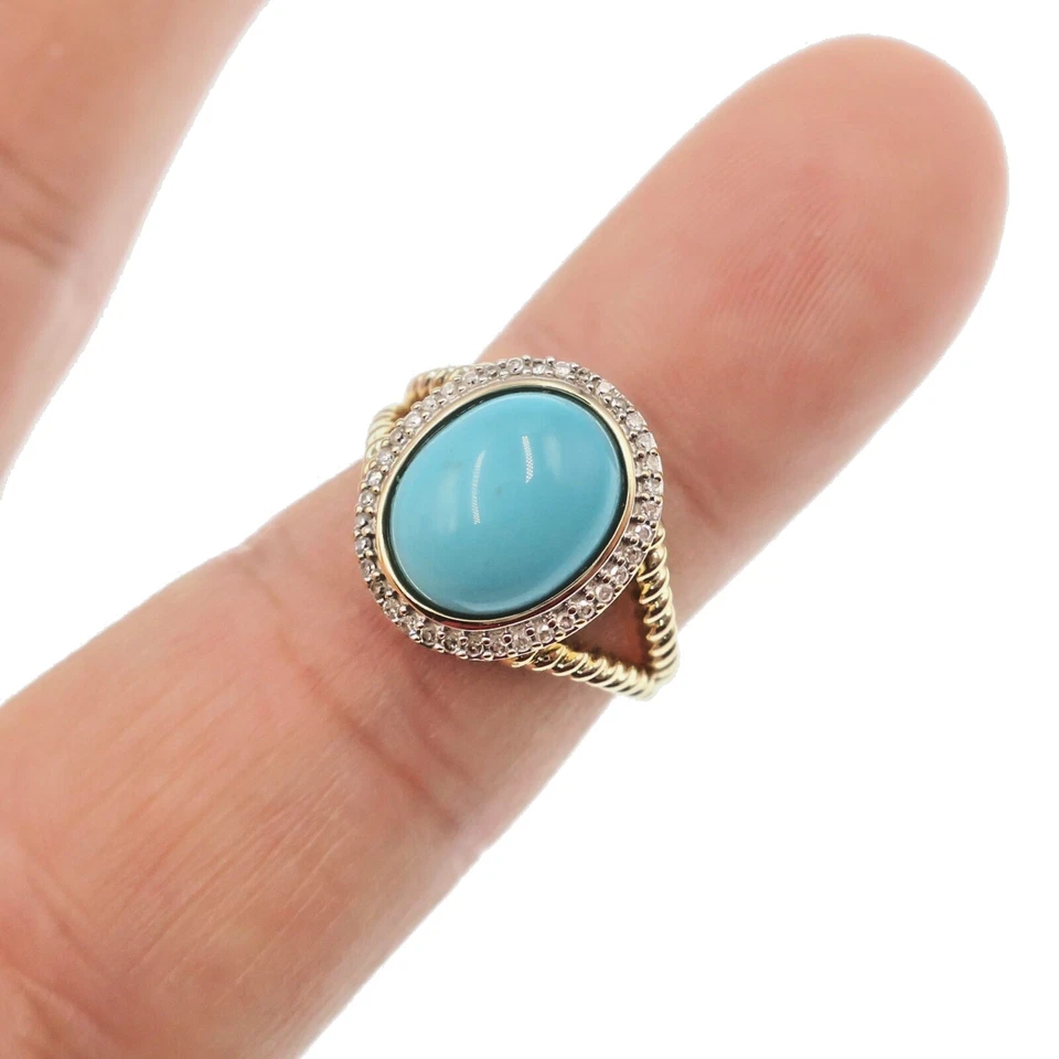 Maravilloso Anillo HALO de Oro Amarillo Sólido 14k Turquesa Natural y Diamantes Talla 6.25 Foto 2 de 4