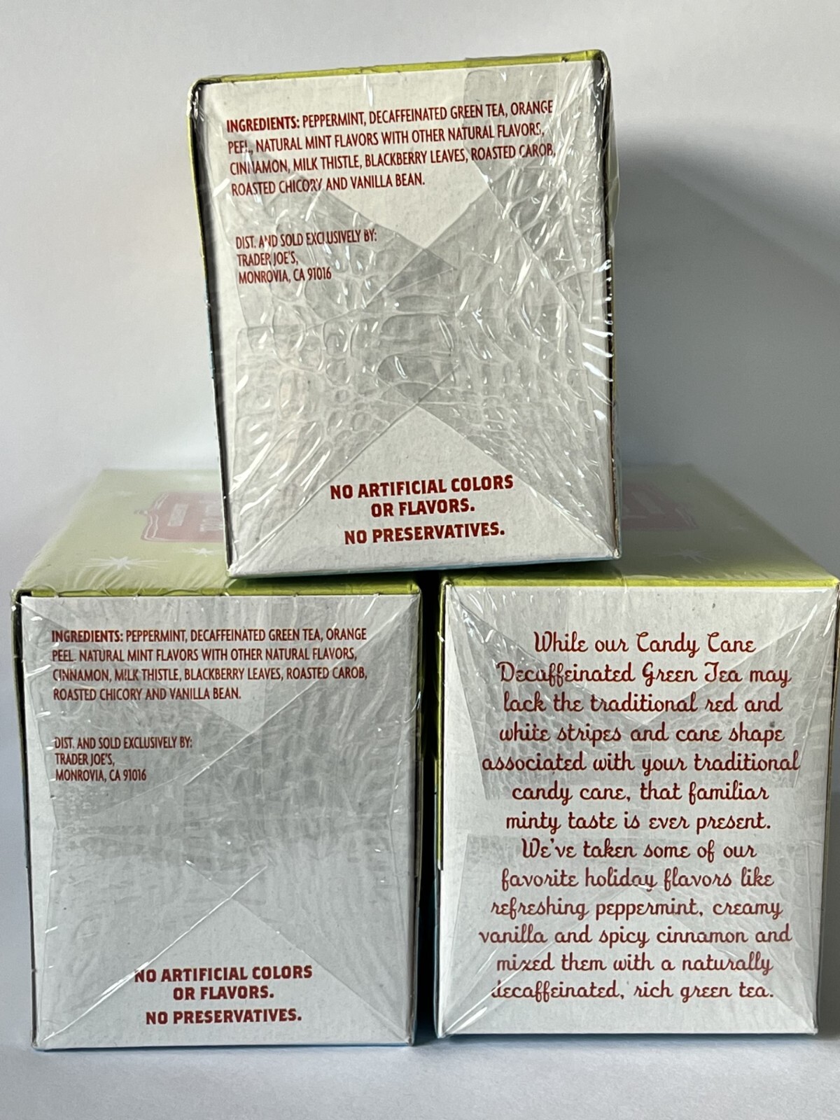 3 Packs Trader Joe's Candy Cane Green Tea Decaffeinated  20 Tea Bags 1.4 oz Each