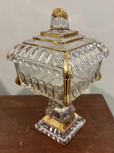 Vintage Jeanette Compote Candy Dish On Pedestal Lid Pressed Glass Gold trim 8"H