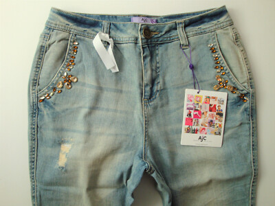 AJC  Jeans  Blau  Boyfriend  Glitzersteine  Used  Hose  Einheitslänge  Gr. 40
