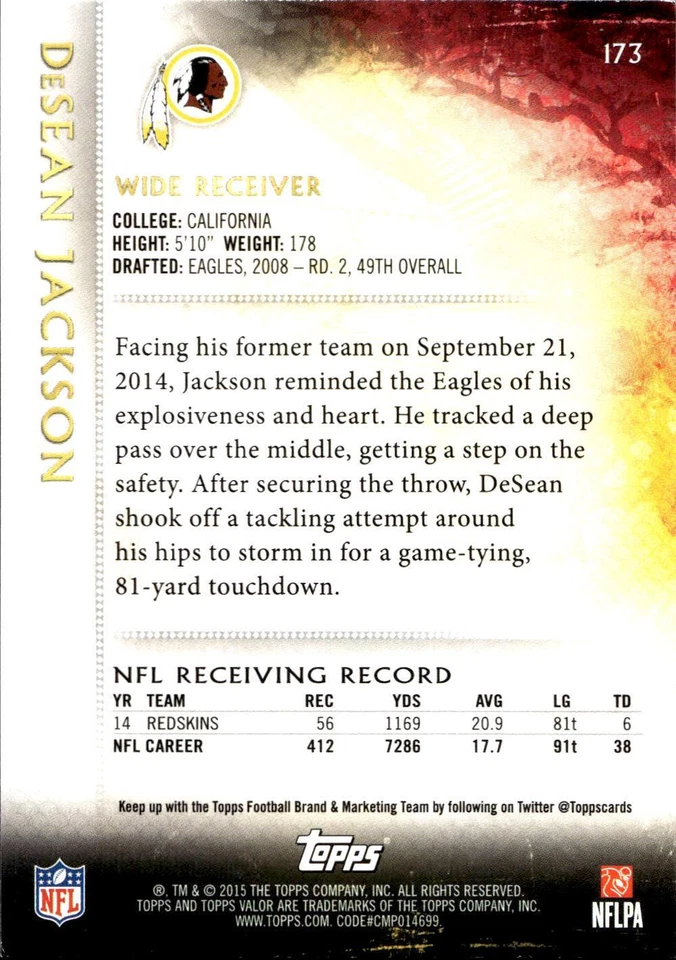 2015 Topps Valor #173 DeSean Jackson - Image 2 of 2