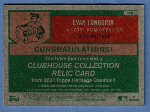 2024 Topps Heritage Evan Longoria Clubhouse Collection Pipipistrello reliquia #CCR-EL SP - Foto 2 di 2