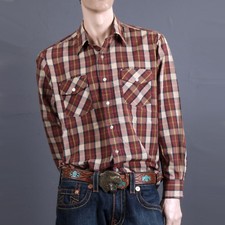 L Vintage 1970s Western Plaid Shirt Pearl Snap Buttons Cowboy Rockabilly 70s