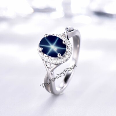 The Royal Blue Lindy Star Sapphire Ring Sterling Silver 925 6 Star Sapphire