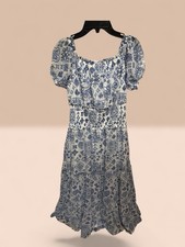 Women's Floral Print Dress Short Sleeve Blue and White Size Large