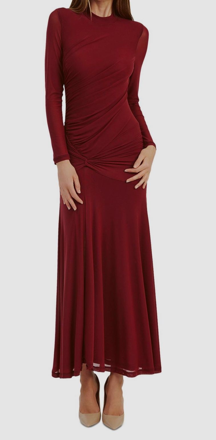 Bardot Women's Red Liyana Ruched Long-Sleeve Mesh Dress Size S