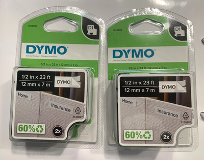 DYMO Standard D1 Labeling Tape Black Print on White 1/2'' x 23ft Lot of 2 Packs
