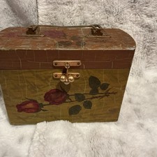 Vintage Wooden Box Purse Decoupage Textured Brass Handle Lined Signed Whimsical