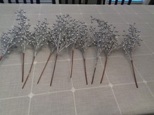 Set of 10 Silver Glitter Berry Picks Floral Christmas 19" Tall EUC 