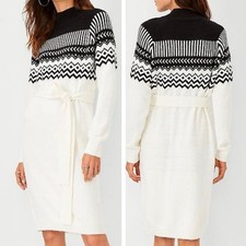 Ann Taylor Sweater Dress Medium Womens Wool Blend Fair Isle Knit Belted White