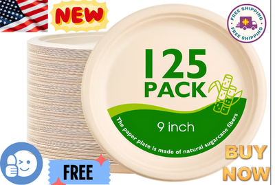 #ad #ad 125 Pack 9” Compostable Paper Plates Heavy Duty Bagasse Eco Friendly $23.99