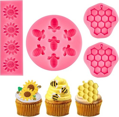 4 Pieces Bumble Bee Silicone Mold Honeycomb Sunflower and Bee Fondant Molds for