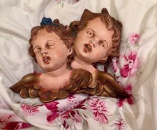Antique Hand-Painted Ceramic Cherub Duo Wall Hanging Angels Putti Chalkware