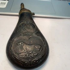 Vintage Black Powder Flask Copper & Brass Hunting Dog Pheasants Adjustable Spout