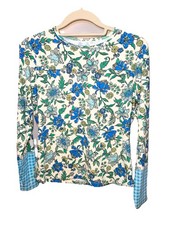 Lands' End Women SMALL Blue Floral Crew Neck Long Sleeve Nylon Swim Sun Top