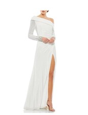 MAC DUGGAL Size 4 Beaded Cuff Asymmetric Drop Shoulder Long-Sleeve White Dress