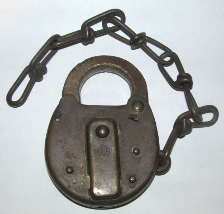 Vintage Marked SAFE Brass Padlock w/ Chain No Key USA
