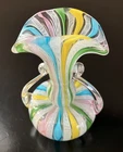 vintage Murano glass multicolor latticinio ribbon canes bud vase with handles