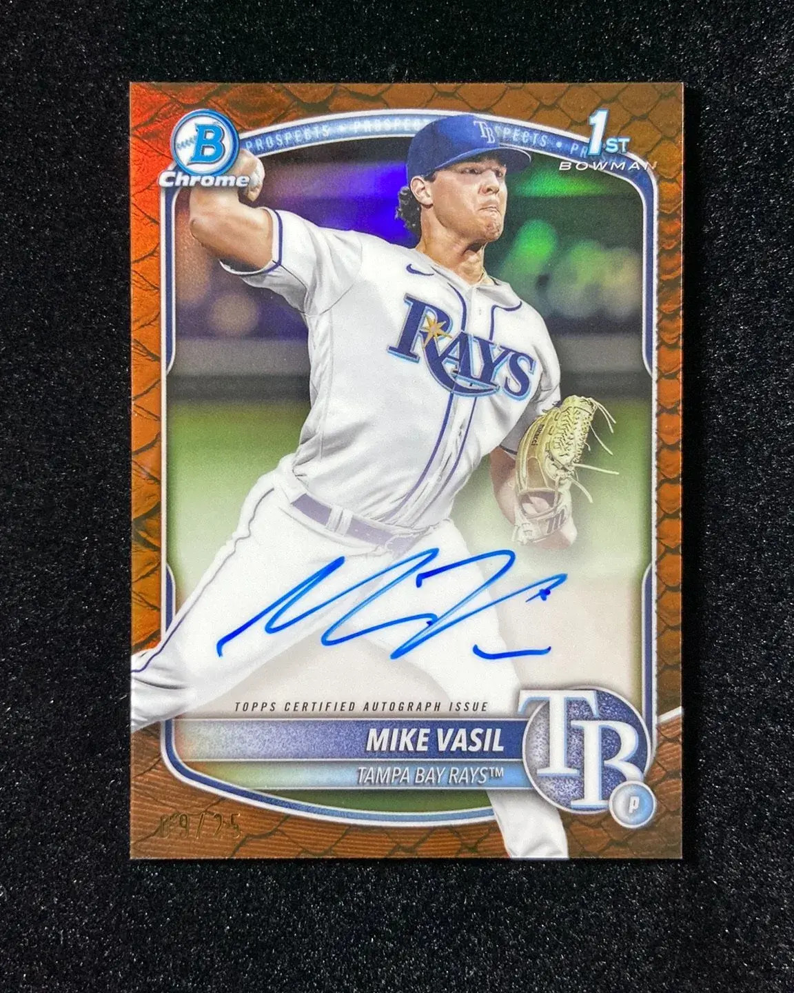 2025 Topps Bowman Chrome Prospect Orange Reptilian Mike Vasil 1st Auto 9/25 HD