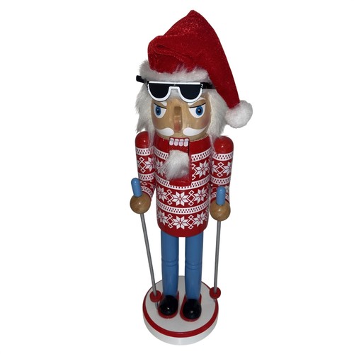 Christmas Skier Nutcracker Wooden Holiday Decor Red Fair Isle Sweater Sunglasses
