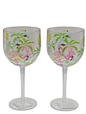NEW SUMMER SPRING FLAMINGO PARADISE PLASTIC 18.4 OZ STEMMED CUPS  X 2 FREE SHIP