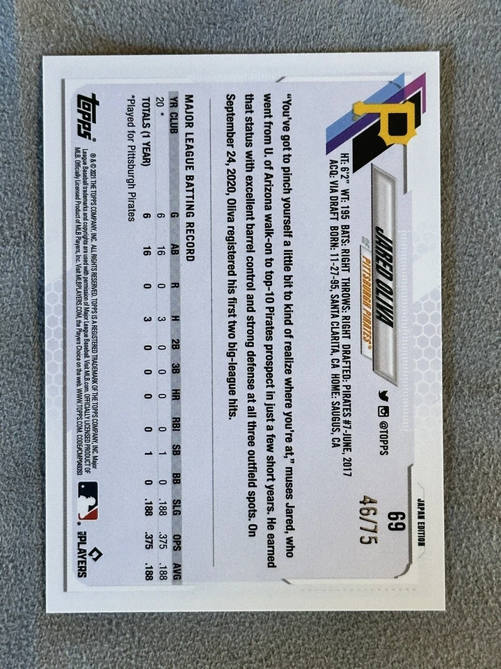 2021 Topps Japan Edition Jared Oliva RC Jade Green /75 #69 - Image 2 of 2