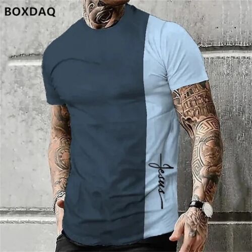 Mens Split-Color Casual T-Shirts with Cross Script Design - Bold Modern Style - Picture 2 of 20