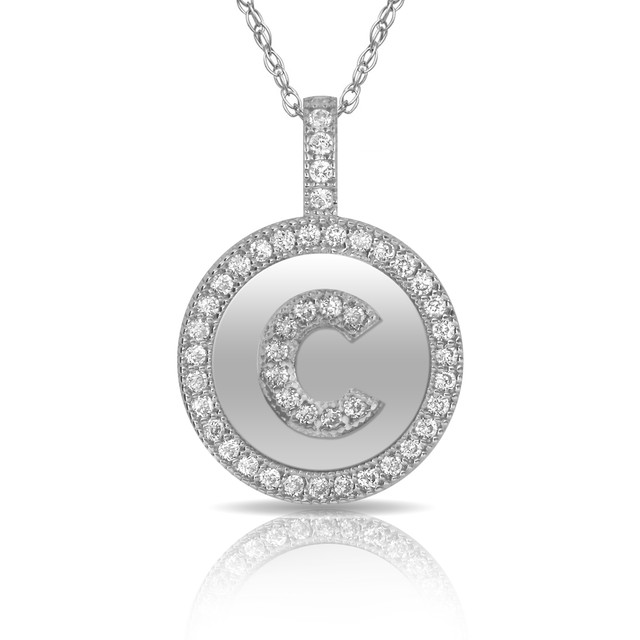14K Solid White Gold Round Circle Initial "C" Letter Charm Pendant 