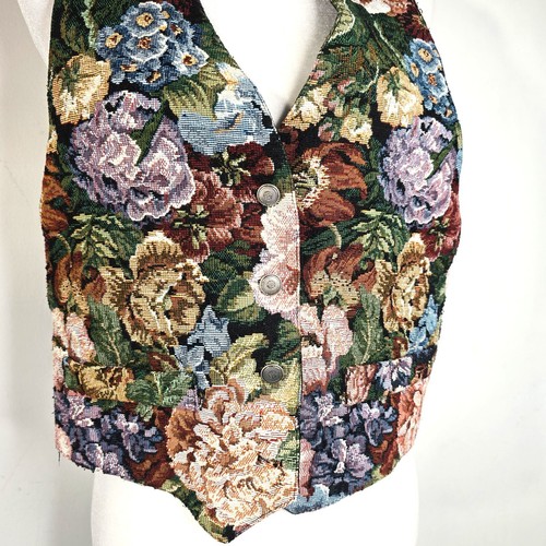 Vtg Women’s Sz M Tapestry Vest Black Floral Woven Cottagecore 80s Carpet *Flaw - Picture 3 of 9