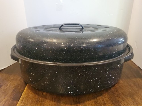 Vintage Black Speckled Enamel Graniteware Large Oval Roasting Pan/ Lid 16x12x8 A - Picture 20 of 21
